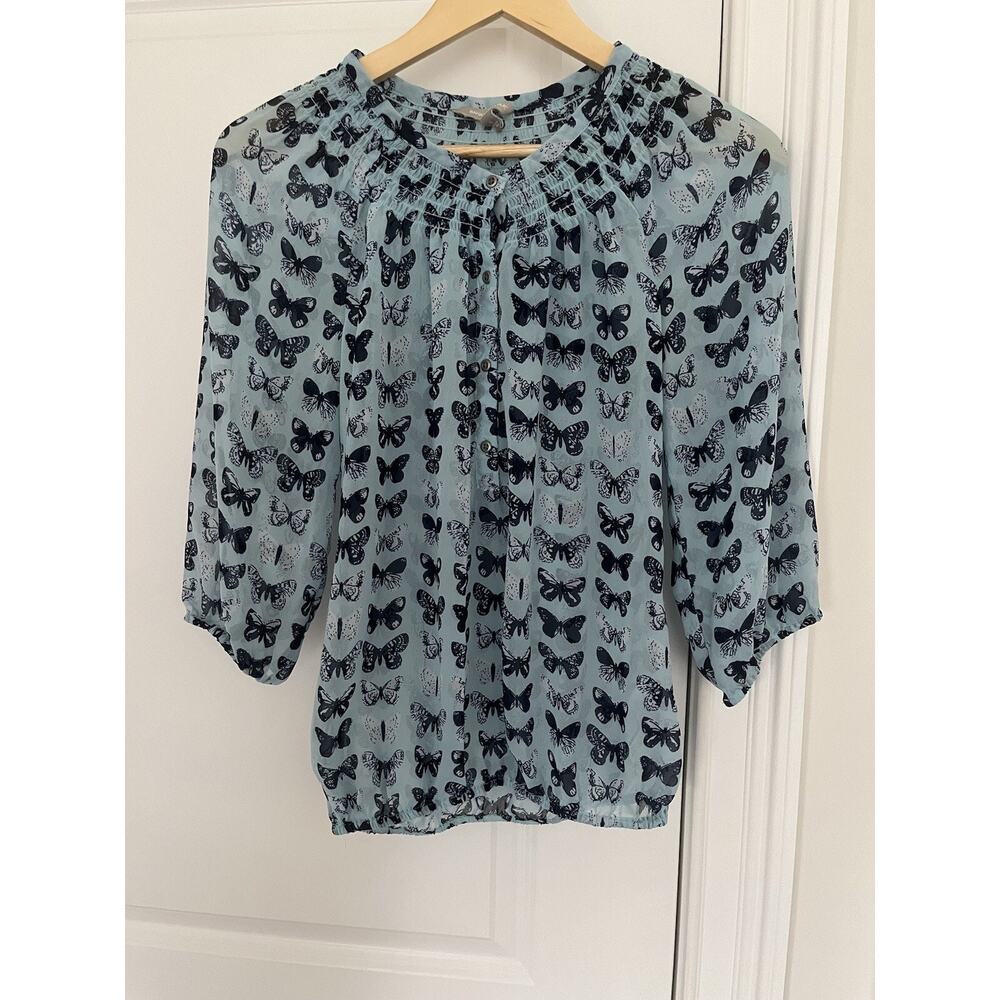 Banana Republic Butterfly print Blouse Sheer Size S Blue